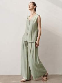 Aalyst 女士春夏套装，优雅时尚V领无袖交叉扭结上衣+阔腿裤两件套，灰绿色带口袋 - 綠色 - 查看 4