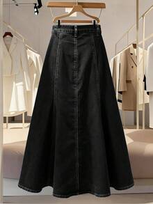 GlowEve Women's Pocketed Button Pleated Casual Versatile Date Outing Denim Mini Skirt - Dark Grey - View 2