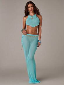 SHEIN BAE Women's Teal Blue Halter Tie Backless Top And Mini Skirt Set,Summer Casual Beach Vacation Holiday Outfits,Bohemian Elegant Beachwear Cover Up - Blue - View 7
