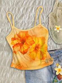 SHEIN EZwear 女士度假风印花露脐吊带背心 - 黃色 - 查看 7