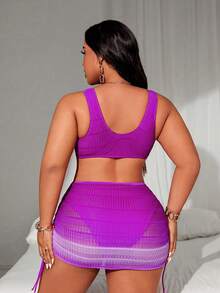 Swim SXY Conjunto de traje de baño de 2 piezas con efecto degradado, escote halter, cintura con cordón y abertura para mujer talla grande - Morado - Ver 2