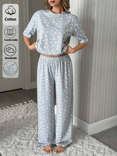 SHEIN Women Cotton 2 Pcs Contrast Colour Daisy Patterned Short Sleeved Shirt&Long Pants Homewear Lounge Set