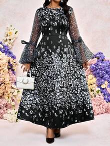 Fleurora Plus Size Elegant Black Leopard Print Round Neck A Line Dress,Flare Sleeve Waist Cinched Autumn Formal Traditional Evening Wedding Guest Midi Dress - Black and White - View 8