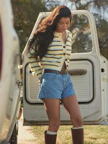 WESTFADE Polka Dot Print Heart Pocket Raw Hem A Line Cotton Blend Denim Shorts - Medium Wash - View 4