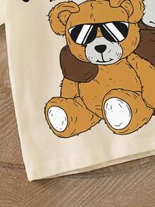 Playful Pals SHEIN Toddler Boys Casual Minimalist Cute Bear Graphic Print Comfortable Light Apricot Knit Crew Neck Short Sleeve T-Shirt, Suitable For Spring/Summer, Loungewear, Outdoor, School Wear - Multicolor - View 5