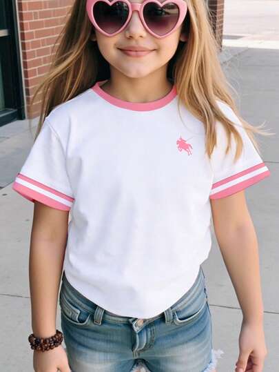 Girls' Casual Fashionable Creative Sword & Pony Striped Pattern Print Basic Short Sleeve T-Shirt, Comfortable Daily Wear, Suitable For Spring, Summer And Autumn