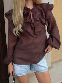 Livesso Blouse ample à col lavallière à volants pour femmes, automne printemps - Rouge foncé - Voir 6
