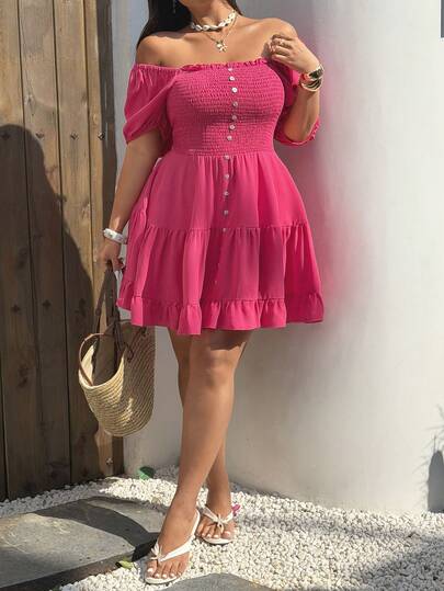 Sunnyshic 大码西瓜红露肩束腰度假连衣裙