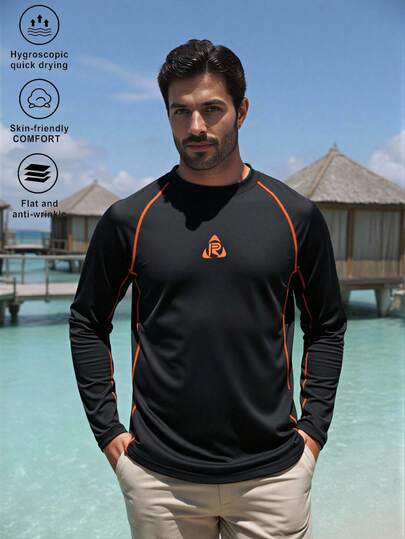 Manfinity Swimmode Herren Rashguard mit Buchstaben-Muster und Kontrastbesatz am Rundhalsausschnitt und Langarm