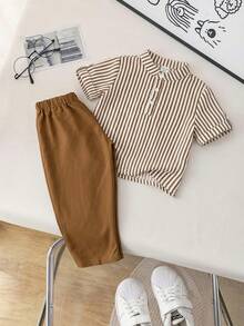 SHEIN Baby Boys Everyday Casual Co-Ord Set With Striped Stand Collar Short Sleeve Shirt And Long Pants Button Front Multicolored Polyester Outfit - Multicolor - View 7