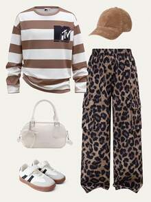 MTV | SHEIN Tween Girl Casual Daily Commute Fashion Street Letter Contrast Stripe Print Dropped Shoulder Loose Long Sleeve T-Shirt And Leopard Print Cargo Pants Set, Spring/Autumn - Multicolor - View 1