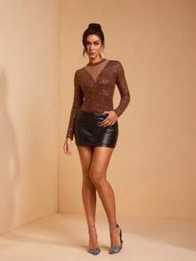 JIAN LASALA Mock Neck Glittery Knit Transparent Mesh Block Long Sleeves Sexy Party Bodysuits - Brown - View 5