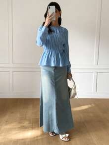 Solavon New Asymmetrical Hem A-Line Waist Flattering Crew Neck Long Sleeve Blouse, Versatile & Slimming - Baby Blue - View 5