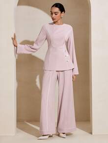 Graceveil 女士优雅莲花粉色珍珠纽扣装饰上衣+裤子阿拉伯风格套装，时尚 - 藕粉色 - 查看 7