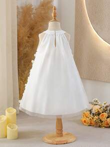 SHEIN 小女孩无袖白色蝴蝶刺绣吊带连衣裙，配白色斜挎包，优雅派对公主裙，夏季度假装 - 白色 - 查看 2