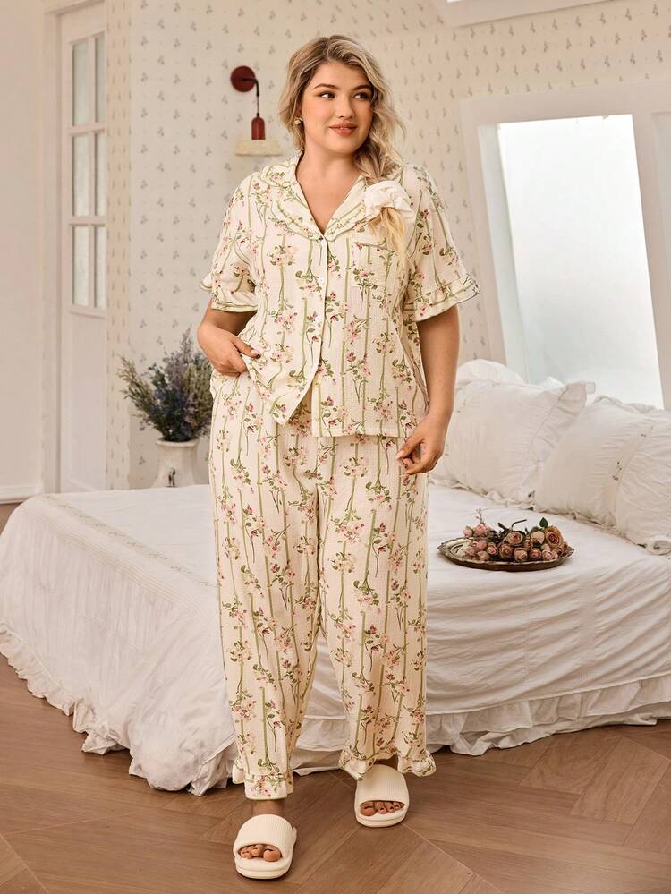 CottageSlumber Striped & Floral Print Plus Size Women Romantic Ruffle Collar Short Sleeve Pajama Set Plus Size Pajama Set - Apricot - View 3