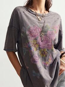 Bohemela Áo thun nữ màu đen trơn, cổ tròn, tay ngắn, dáng rộng, in họa tiết, thích hợp mặc mùa xuân hè, đi nghỉ mát, lễ hội. Áo thun nữ màu đen in hình. - Màu xám đen - Xem 3