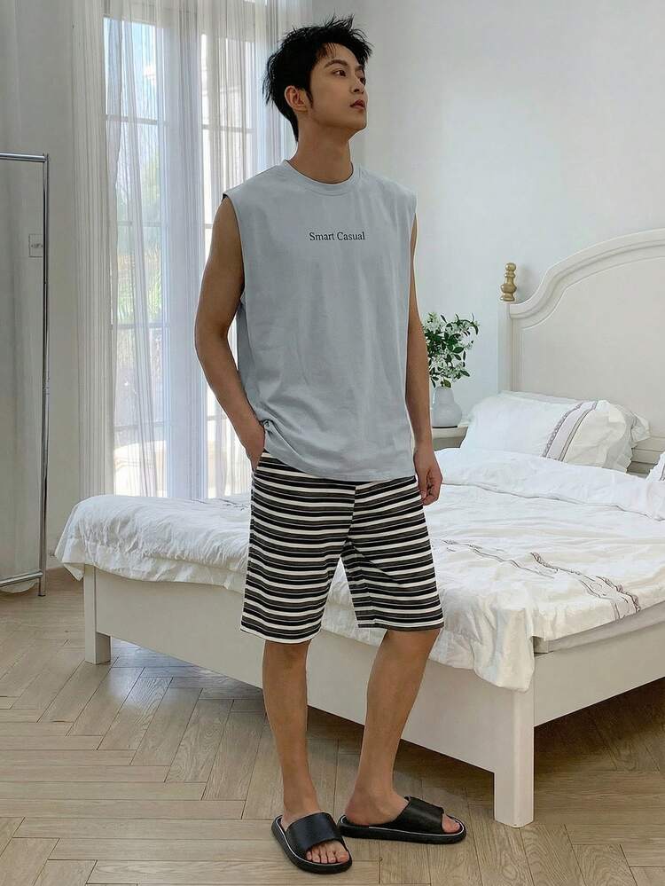 Men's Summer Letter Print Tank Top And Striped Shorts Pajama Set