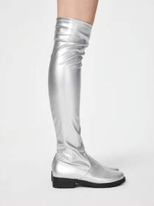 ROMWE Goth Women's 2025 Autumn/Winter New Arrival Square Toe Low Heel Pleated Leather Pull-On Thigh High Boots - Silver - View 4