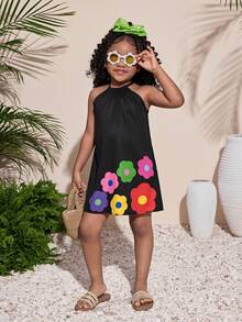 Gaun Tanpa Lengan Model A-Line Longgar dengan Motif Bunga dan Tropis Warna-warni untuk Anak Perempuan, Gaya Kasual Liburan, Musim Semi/Panas - Hitam - View 4