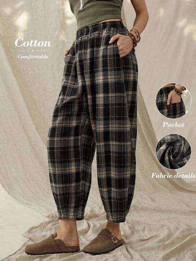 Wildy BOHO Women's Casual Western Country Vintage Plaid Pants, Basic For Daily, Commuting, With Pockets, Spring/Summer Casual Pants For Women Spring To Summer Vacation Casual Baggy Festival
