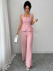 Elenzga 女士粉白竹纤维方领收腰无袖上衣搭配宽松直筒裤，优雅职业装，适合正式场合、会议、教师、学生、节日、春夏穿着。 - 粉色 - 查看 6