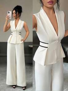 Elenzga 杏色和黑色撞色收腰V领无袖优雅职业正装套装，适合工作、会议、教师、学生、旅行等场合，春夏两件套 - 杏色 - 查看 4