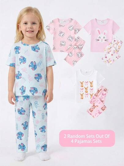 2 Random Sets Out Of 4 Cute Rabbit Print Blue & Pink Knitted Elastic Fabric Comfortable Loose Short Sleeve Top And Pants Girls Pajamas Sets