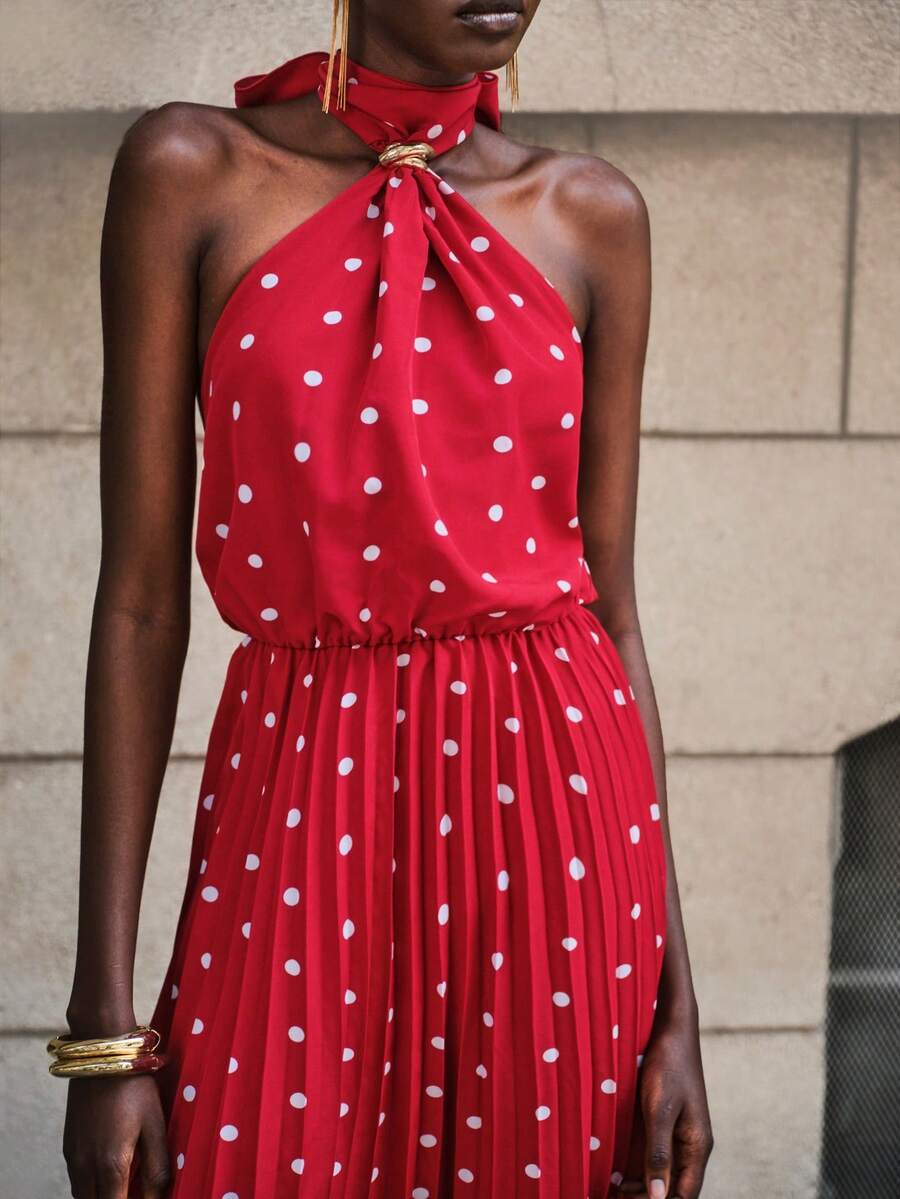 Lumivelle Women's Polka Dot Pleated Front Button Decor Summer Dress Red Polka Dot Dress Pleated Dress - Red - View 1