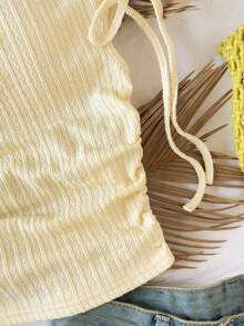 SHEIN 少女纯色扭结不对称领休闲T恤 - 黃色 - 查看 3