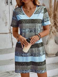 EMERY ROSE Đầm nữ cổ chữ V kẻ sọc tay ngắn dáng rộng thoải mái - Nhiều màu - Xem 3