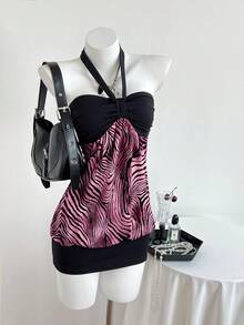 Elamini 女士无肩带褶皱撞色豹纹连衣裙 - 玫紅色 - 查看 1