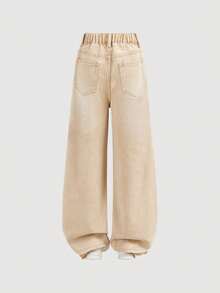 SHEIN Girlism Tween Girls' Casual Fashionable Street Style Everyday Commute Star Frayed Hem Loose Wide Leg Jeans - Khaki - View 2