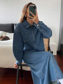 Livesso 女士休闲牛仔外套和裙子套装，秋季 - 藍色 - 查看 6