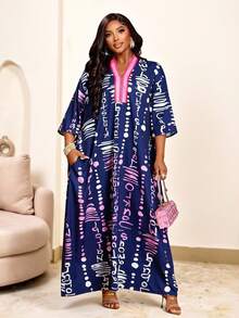 Brilight 女装热带优雅日常渐变不对称图案印花宽松长袖连衣裙南非传统服装长裙印花派对聚会女装连衣裙（图案随机） - 藏蓝色 - 查看 1