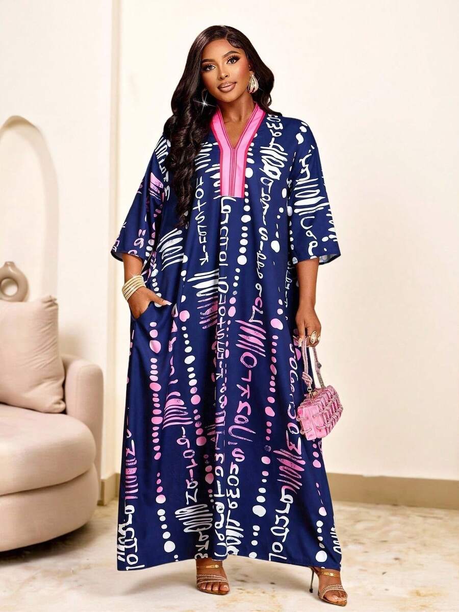 Brilight 女装热带优雅日常渐变不对称图案印花宽松长袖连衣裙南非传统服装长裙印花派对聚会女装连衣裙（图案随机） - 藏蓝色 - 查看 1