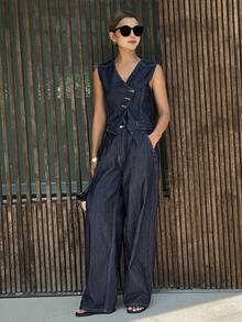 Livesso 2pcs/Set Women Sleeveless V-Neck Cinched Waist Top And Casual Pants - Blue - View 4