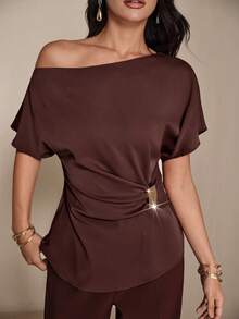 Modelyn Women's Elegant Asymmetric Collar Cinched Waist T-Shirt, Suitable For Commuting In Summer - Brown - View 3