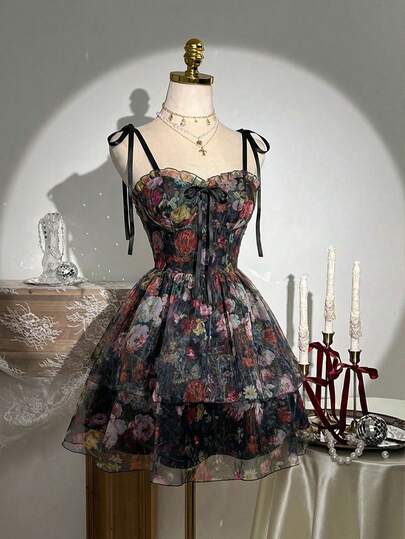 SHEIN MOD Vintage Romantic Oil Painting Floral Print Slip Dress – Perfect For Vacation, Date, Picnic, Party, Prom, Festival, And Birthday; Romantic Vintage Court Style Floral Formal Wear Fashion Clothes Tea Party Outfit Women Gothic Summer Clothes Whimsical Clothes, Valentine's Day, Carnival Costume