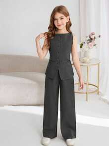 SHEIN Serisse Kids 少女通勤休闲纯色圆领无袖上衣和直筒裤套装 - 灰色 - 查看 7