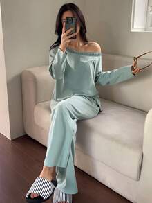 DAZY Women's Simple Lace Trim Loungewear Set - Green - View 6