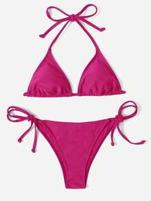 SHEIN Swim Vcay Bộ bikini đơn giản, màu trơn, hở lưng, buộc dây phía trước dành cho nữ, thích hợp cho kỳ nghỉ biển. - Màu Hồng Tươi - Xem 3
