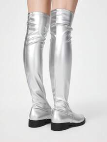 ROMWE Goth Women's 2025 Autumn/Winter New Arrival Square Toe Low Heel Pleated Leather Pull-On Thigh High Boots - Silver - View 5