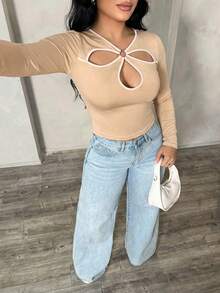 SHEIN SXY 大码女式性感休闲多色撞色镂空花卉T恤 - 彩色 - 查看 3