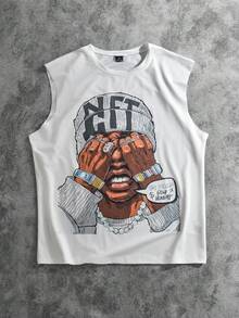 Manfinity EMRG Men's Casual Sleeveless T-Shirt With Character And Slogan Print, Fashionable Street Style, Summer