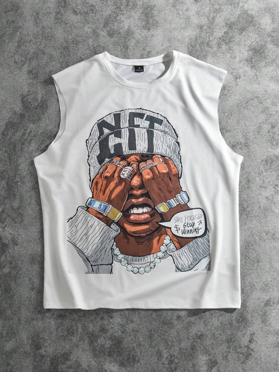 Manfinity EMRG Men's Casual Sleeveless T-Shirt With Character And Slogan Print, Fashionable Street Style, Summer