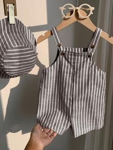 SHEIN Bộ 2 món cho bé trai/bé gái, gồm yếm ăn và mũ tai bèo kẻ sọc mùa hè, trang phục thường ngày cho ở nhà, đi nghỉ mát, đi biển. - Nhiều màu - Xem 3