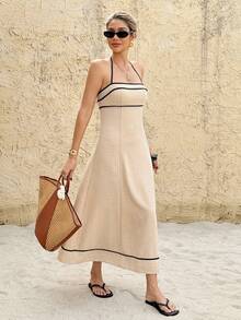 Serisse Đầm nữ cổ yếm buộc dây hở lưng, kiểu dáng thường ngày, thích hợp cho kỳ nghỉ và du lịch. - Màu be - Xem 4