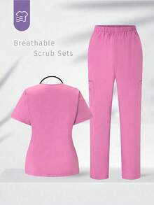 TaskEZ Conjunto de uniformes médicos: Parte superior de cuello en V de manga corta y pantalones para trabajadores de la salud - Rosa - Ver 2