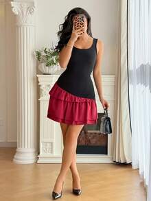 Chiquease Vestido curto estilo bolo em contraste preto e vermelho, moderno e elegante para shows, festas, Ano Novo e encontros no Dia dos Namorados. - Vermelho e preto - Ver 6